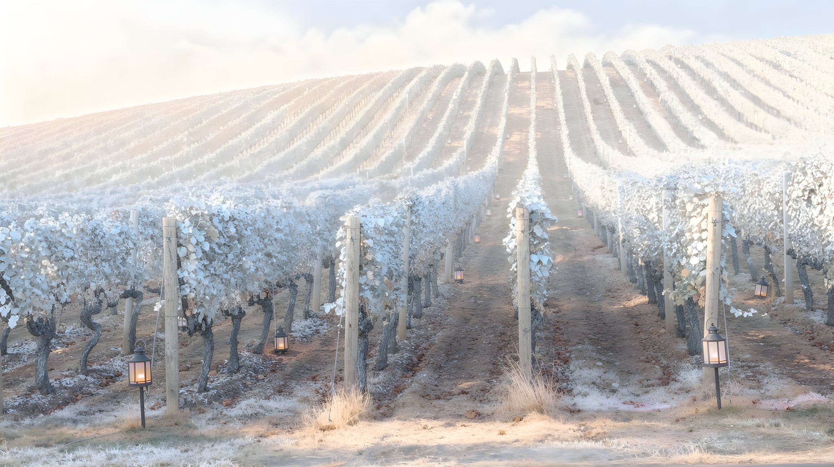 Illustration: rows of grapevines on a moonlit hillside, a small lantern glowing at the end of each row.