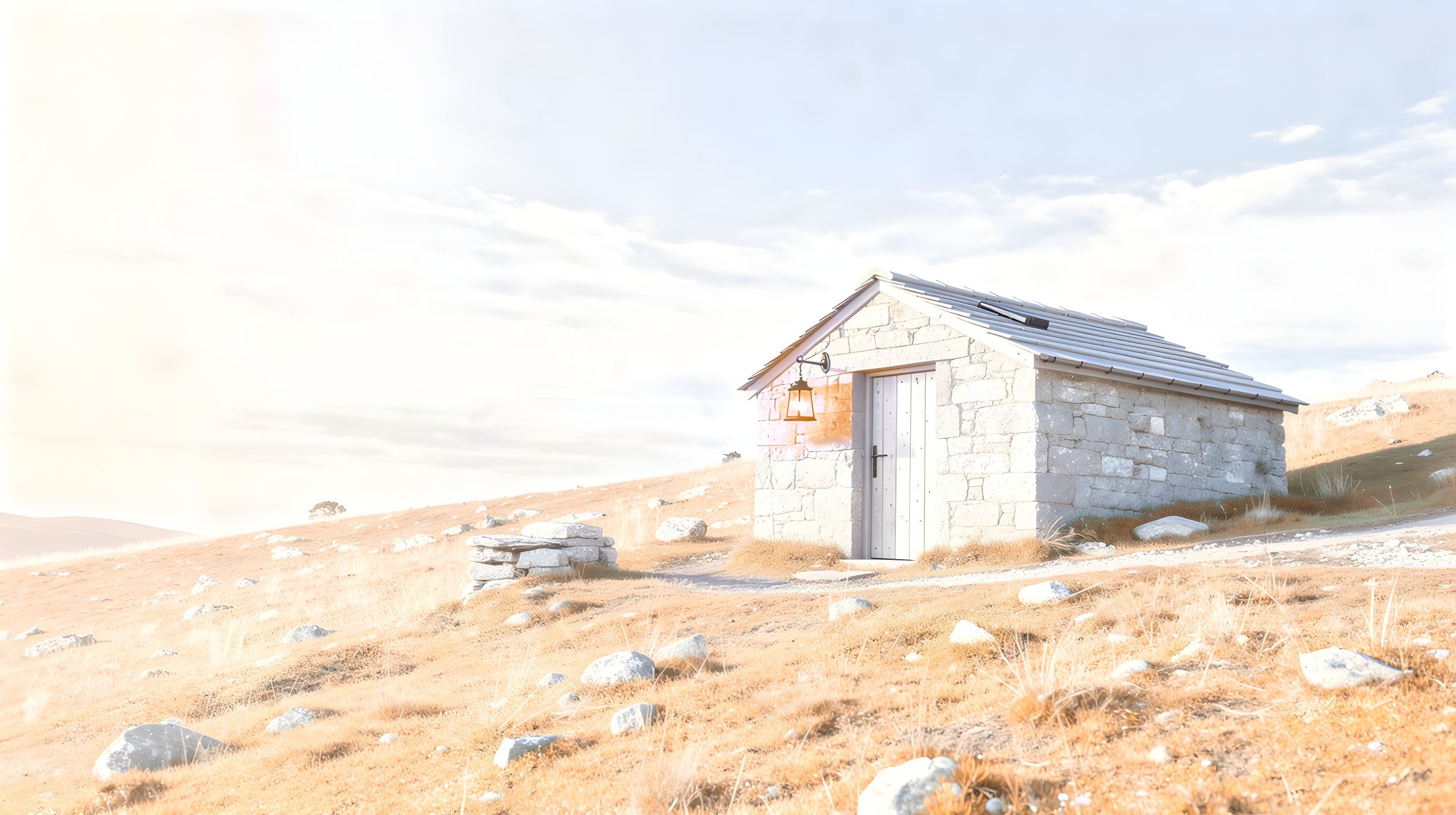 Illustration: a small stone shepherd hut on a moonlit hillside, a lantern glowing at its door under a starry sky.