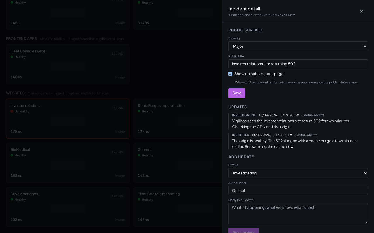 Vigil's incident dialog for the Investor relations site: severity, public title, and a timeline of posted updates with their authors.