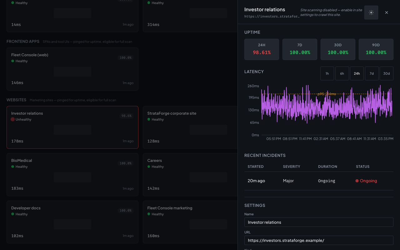 Vigil's site settings for one StrataForge Robotics site: check interval, timeout, expected status, whether the site may be scanned, and its public status page fields.